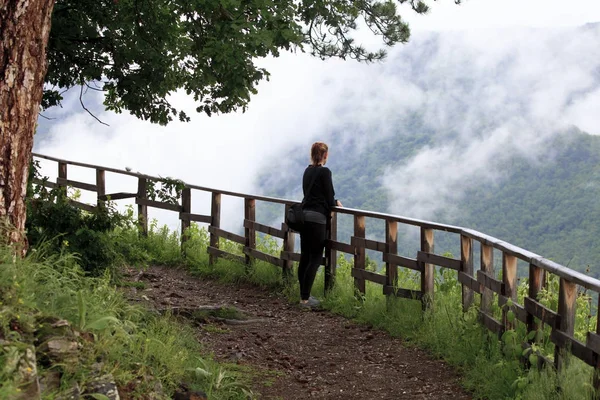 Οπίσθια Όψη Της Γυναίκας Που Στέκεται Στο Δρόμο Στα Βουνά Royalty Free Εικόνες Αρχείου