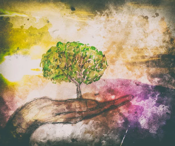 Hands and tree abstract colorfull watercolor art — Stock Photo, Image
