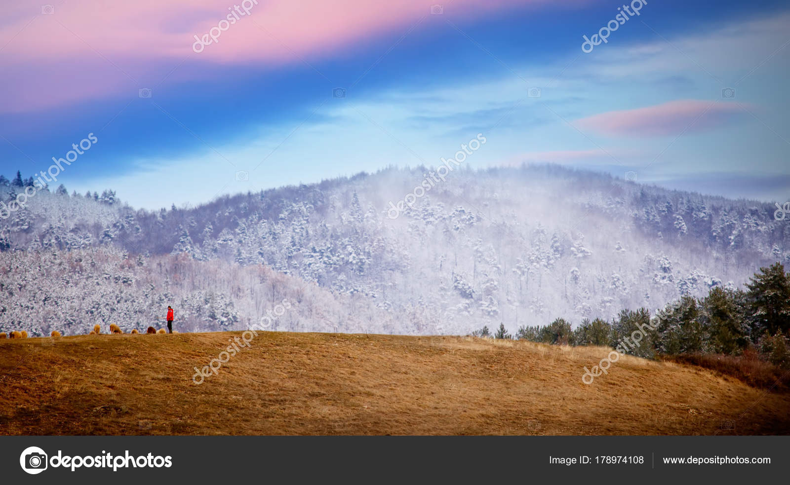 Coucher De Soleil Sur Les Montagnes Heure Dhiver Froid