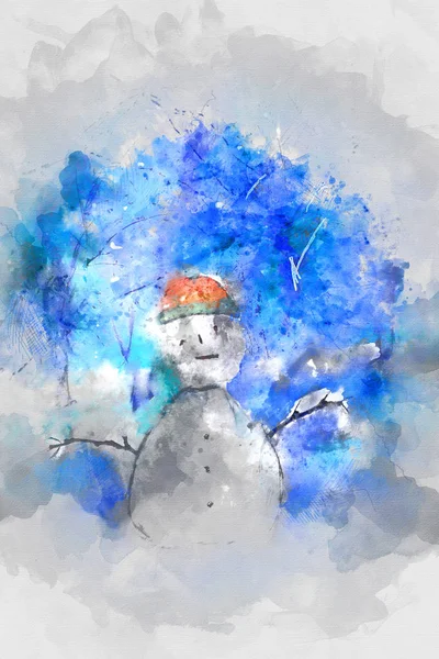 Greetings Card Snowman Winter Forest Kid Style Drawings Art Watercolor — Stock Photo, Image