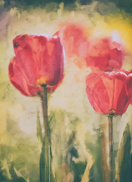 Arte aquarela tulipa primavera pintura, vermelho, verde e amarelo cores dominantes, pinturas digitais a óleo — Fotografia de Stock