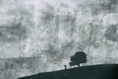 Silhouette çocuk ve balons yalnız ağaç, peri soyut resim, karışık teknik, çocuk işçiliği kavramı altında kalp şeklinde