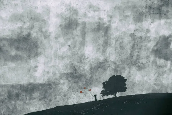 Силуэт ребенка и шарики в форме сердца под одиноким деревом, фей абстрактная живопись, смешанные средства массовой информации, концепция детского труда — стоковое фото
