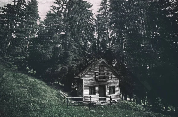 Maison hantée, peinture numérique abstraite, fond de bois profond — Photo