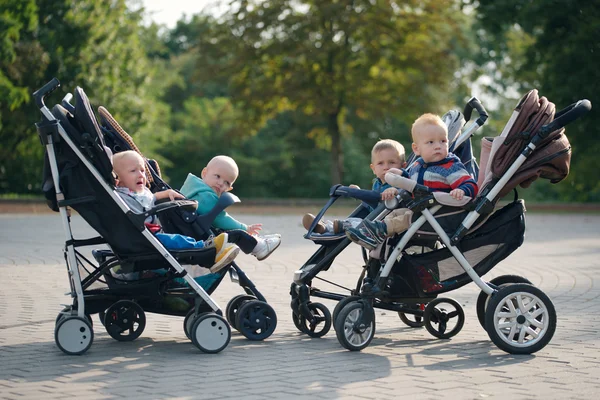 Divertenti bambini seduti in passeggini nel parco — Foto Stock