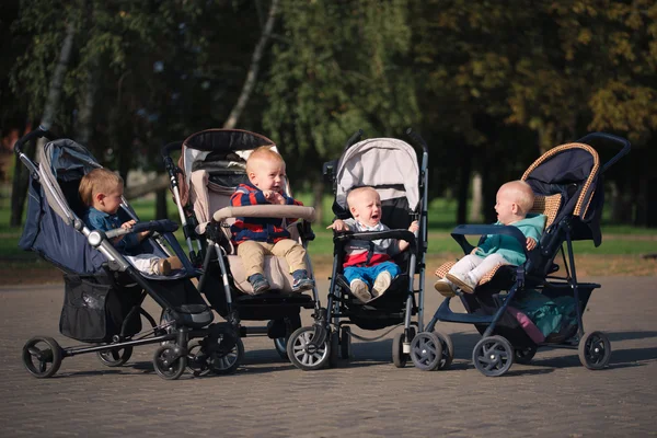 Funny children sitting in strollers in park — Stock Photo, Image