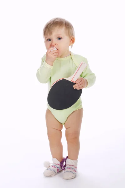 Hermoso bebé con raqueta de tenis de mesa —  Fotos de Stock