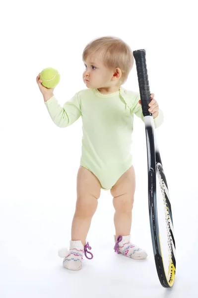 Lustige Tennisspielerin auf weißem Hintergrund — Stockfoto