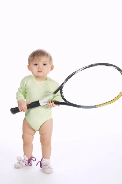 Lustige Tennisspielerin auf weißem Hintergrund — Stockfoto