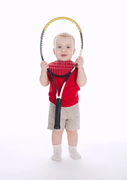 Joueur de tennis drôle sur fond blanc — Photo