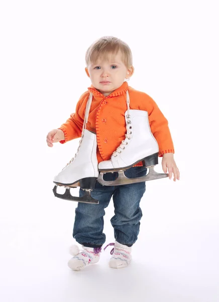 Funny little kid with skates — Stock Photo, Image