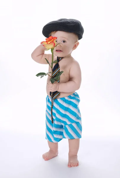 Little funny boy with rose on white — Stock Photo, Image