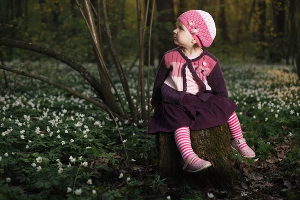 Beautiful little girl in forest on flowers field — Stock Photo, Image