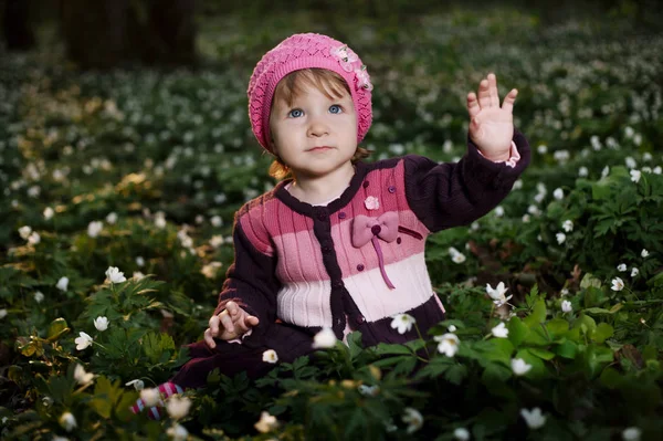 Beautiful little girl in forest on flowers field — Stock Photo, Image