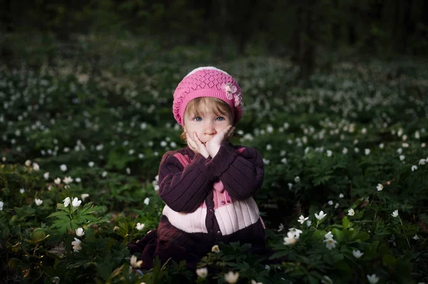 Beautiful little girl in forest on flowers field — Stock Photo, Image