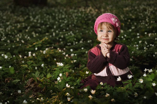 Piękna mała dziewczynka w lesie, na polu kwiaty — Zdjęcie stockowe