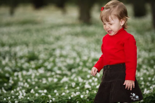 Bambina nella foresta sul campo di fiori — Foto Stock