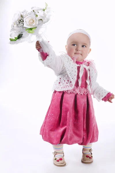 Hermosa niña con ramo de flores en blanco —  Fotos de Stock