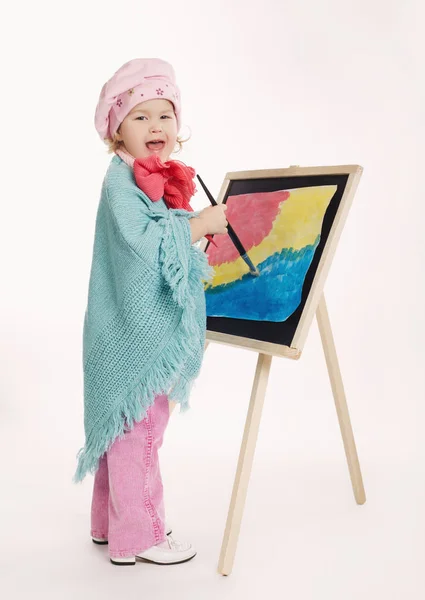 Pequeno pintor engraçado em branco — Fotografia de Stock