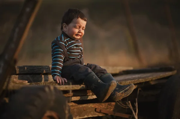 Grappige jongen zitten op kar — Stockfoto