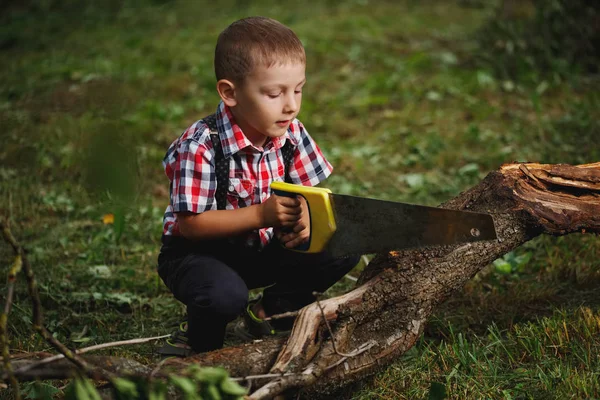 Boy sawing fallen tree in garden — Stock Photo, Image