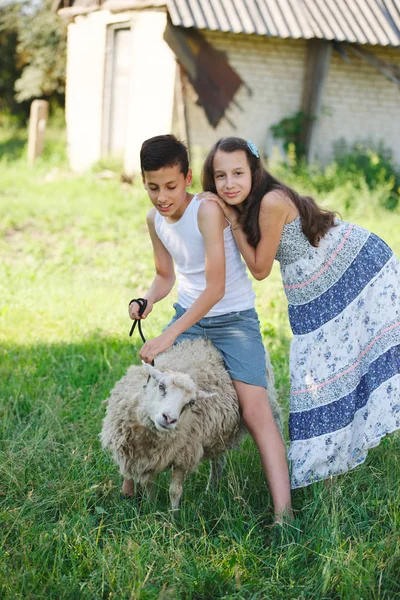 Kız ve erkek kardeşim Köyü yaz geçirmek — Stok fotoğraf