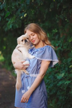 pekingese ile genç güzel kız