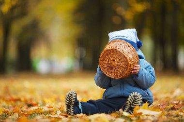 Sonbahar parkında küçük sevimli bir çocuk.