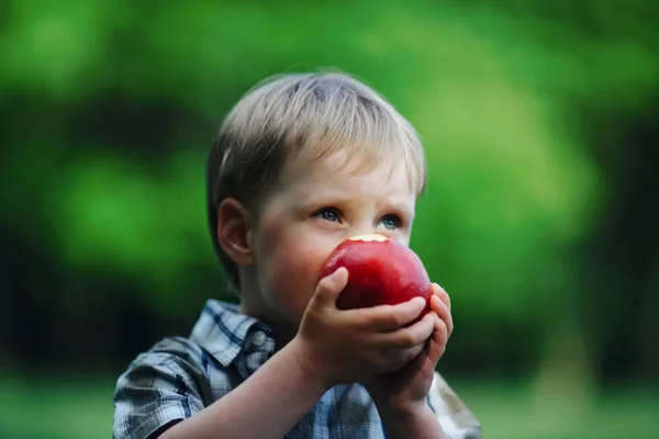Menino comendo grande maçã vermelha — Fotografia de Stock