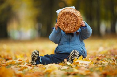 Sonbahar parkında küçük sevimli bir çocuk.