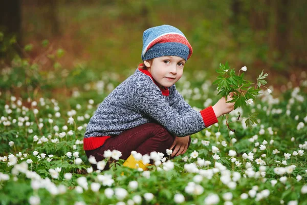 Little boy in spring forest with many flowers — Stock Photo, Image