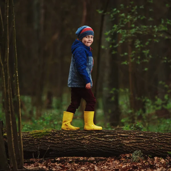 Little funny boy on big log — Stock Photo, Image