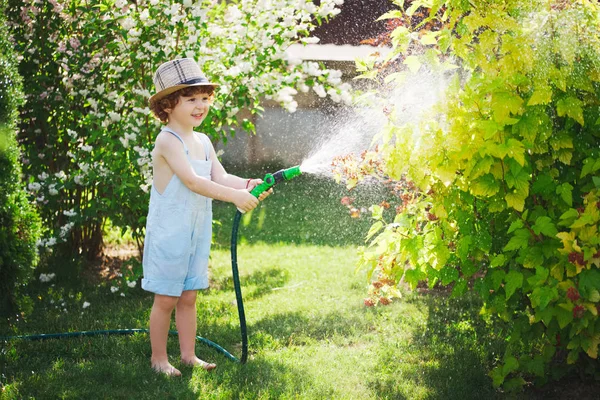 Kleiner Junge wässert den Garten mit Schlauch — Stockfoto