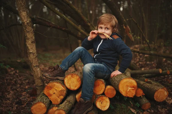 Piccolo boscaiolo dolce nella foresta autunnale — Foto Stock