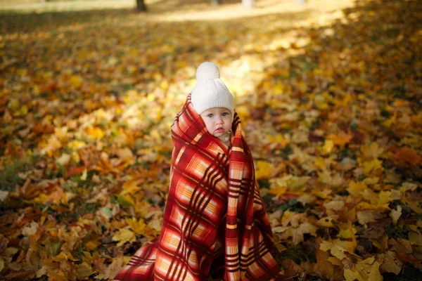 Flicka med filt i höst park — Stockfoto