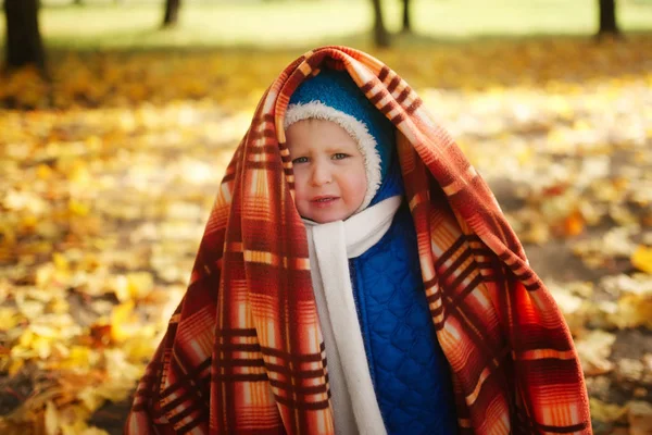 Хлопчик з ковдрою в осінньому парку — стокове фото