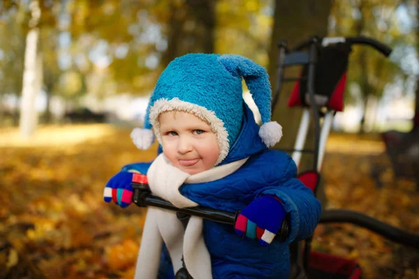 Jongetje met fiets in herfst park — Stockfoto