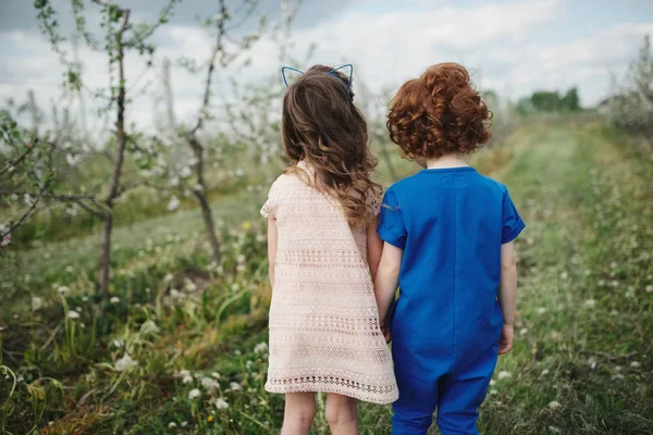 Liten pojke och flicka i blommande trädgård — Stockfoto