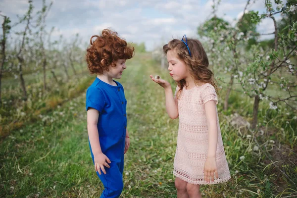 Little boy and girl in blooming garden — Stock Photo, Image