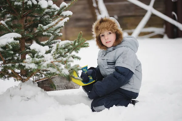 Boy with saw sawing christmas tree — Stock Photo, Image