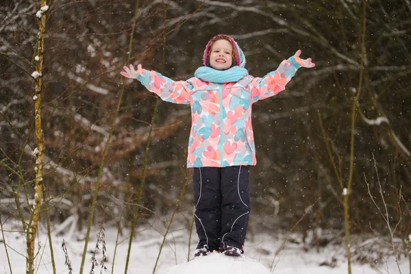 küçük kız kış Park kar taneleri yakalamak