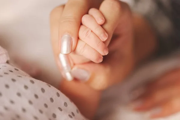 Mother holds little hand of newborn baby — Stock Photo, Image