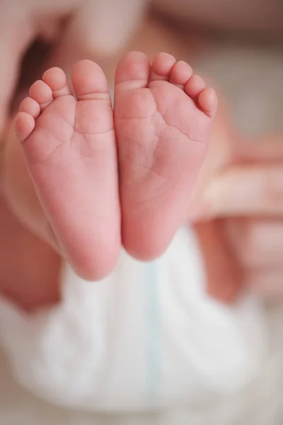 母は、生まれたばかりの赤ちゃんの小さな足を保持しています。 — ストック写真
