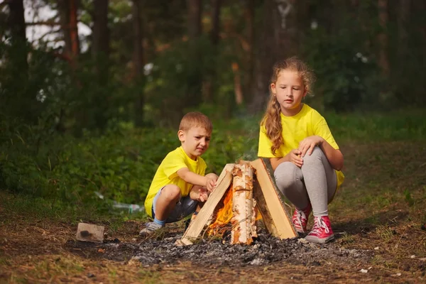 Gelukkige kinderen wandelen in het bos — Stockfoto