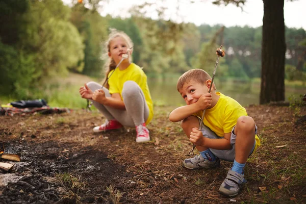 Счастливые дети, гуляющие в лесу — стоковое фото