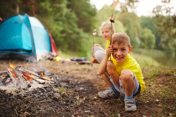 Happy children hiking in the forest — Stock Photo, Image