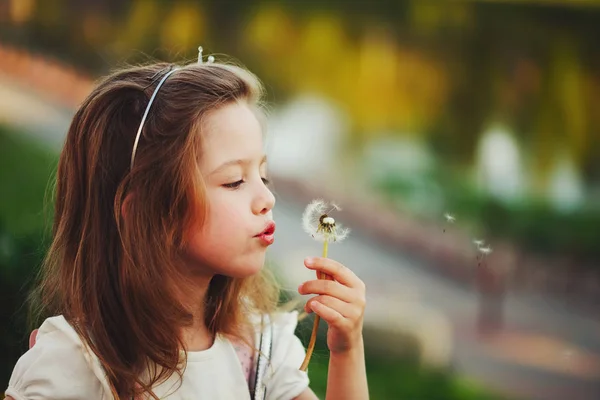 Niña con diente de león en el parque —  Fotos de Stock