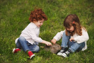 erkek ve kız parkta tavşan ile oynarken