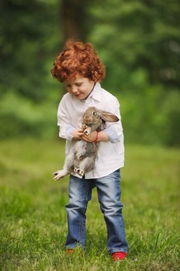 litle çocuk parkta tavşan oynuyor