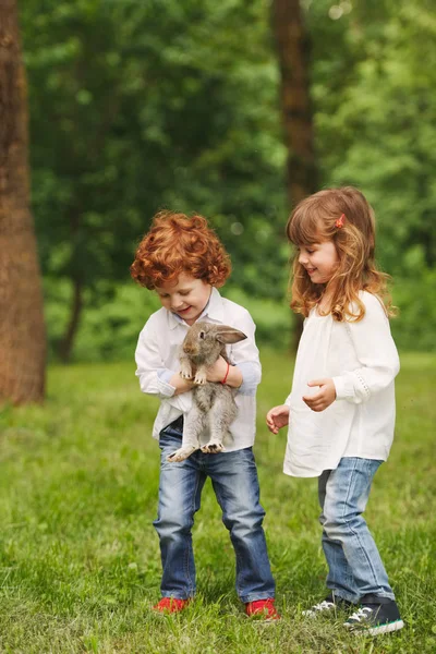 Junge und Mädchen spielen mit Kaninchen im Park — Stockfoto